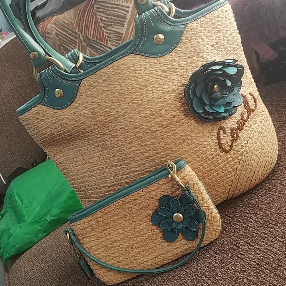 Coach Bleeker straw and turquoise leather set